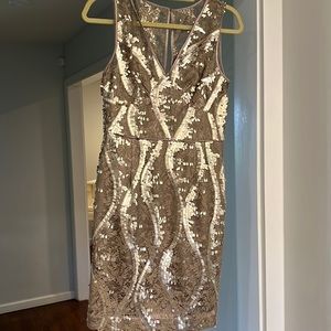 Adriana Papell champagne colored sleeveless dress.
